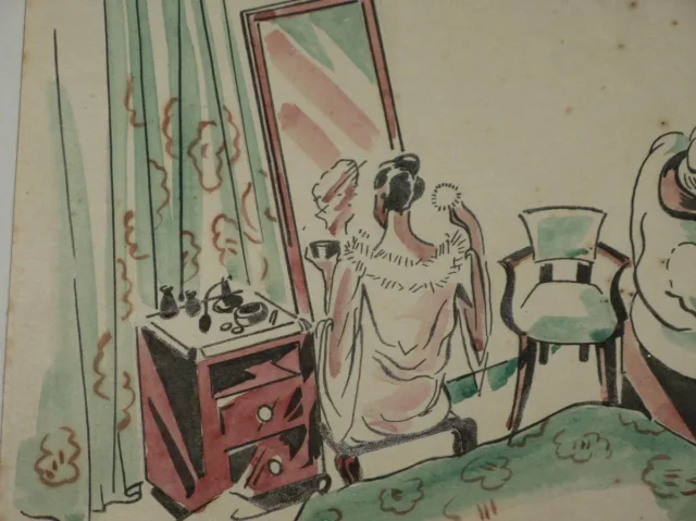 Dessin, scène de chambre, époque 20ème.
