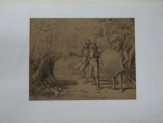 Dessin au lavis : carricature de la chasse, époque 19ème.