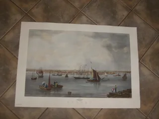 Port de Boston, Gravure Anglaise époque 20 ème.