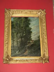Un sous-bois avec des moutons, peinture époque 19ème.