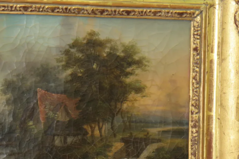 paysage avec lavandières, peinture, époque 19ème.