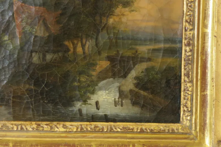 paysage avec lavandières, peinture, époque 19ème.