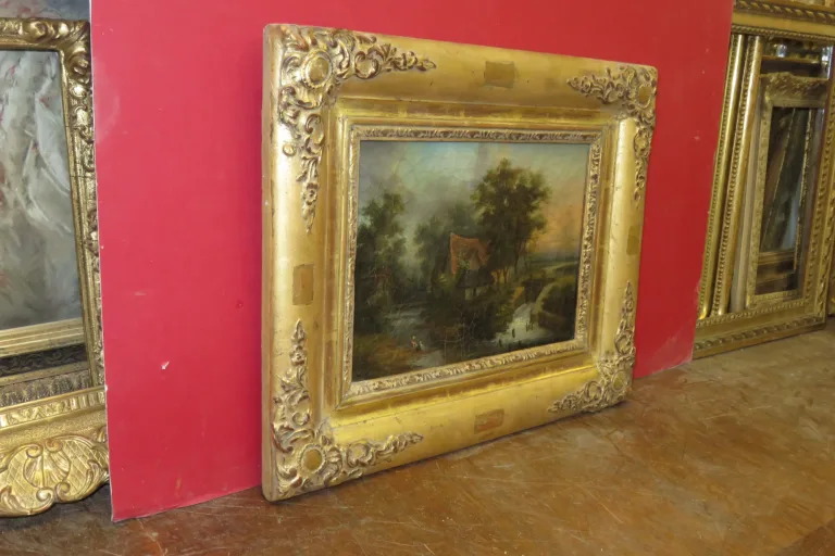 paysage avec lavandières, peinture, époque 19ème.