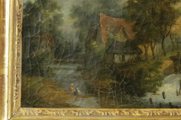 paysage avec lavandières, peinture, époque 19ème.