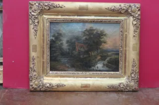 paysage avec lavandières, peinture, époque 19ème.