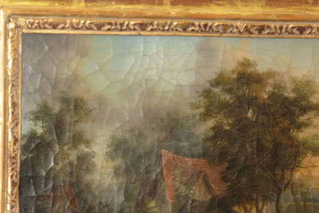 paysage avec lavandières, peinture, époque 19ème.