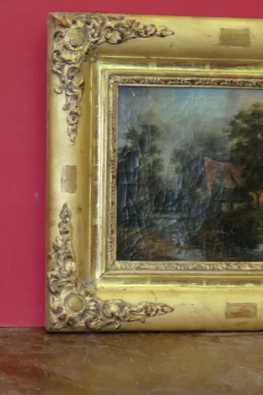 paysage avec lavandières, peinture, époque 19ème.