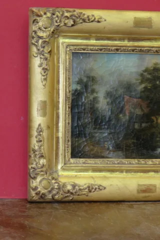 paysage avec lavandières, peinture, époque 19ème.