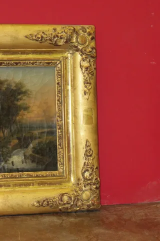 paysage avec lavandières, peinture, époque 19ème.