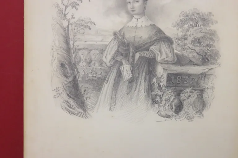 Jeune fille accoudée sur pierre, dessin époque 19ème.