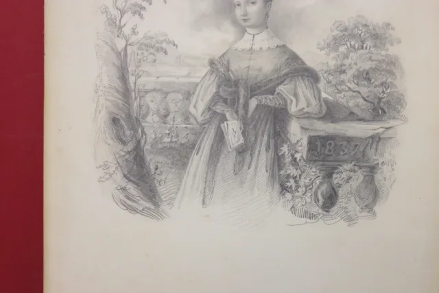 Jeune fille accoudée sur pierre, dessin époque 19ème.