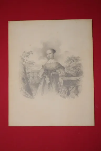 Jeune fille accoudée sur pierre, dessin époque 19ème.