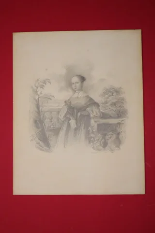 Jeune fille accoudée sur pierre, dessin époque 19ème.