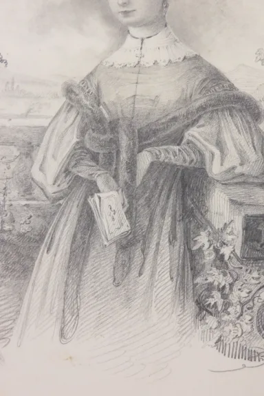 Jeune fille accoudée sur pierre, dessin époque 19ème.