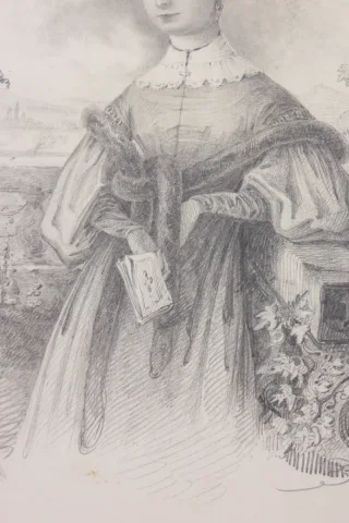 Jeune fille accoudée sur pierre, dessin époque 19ème.