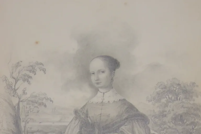 Jeune fille accoudée sur pierre, dessin époque 19ème.