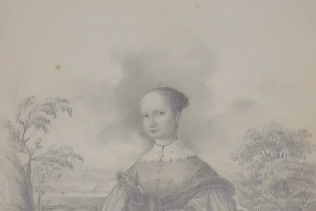 Jeune fille accoudée sur pierre, dessin époque 19ème.