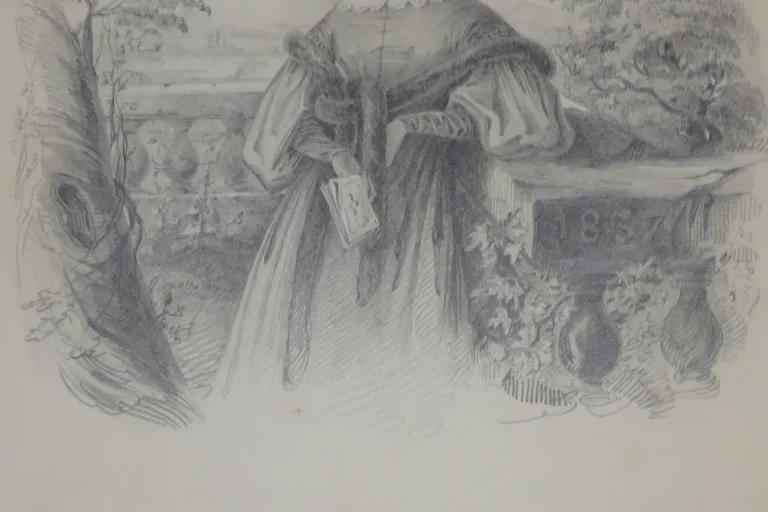 Jeune fille accoudée sur pierre, dessin époque 19ème.