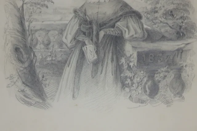 Jeune fille accoudée sur pierre, dessin époque 19ème.