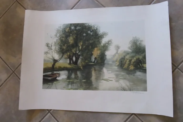 Cygnes Sur Une Rivière, Eau Forte époque 20ème.