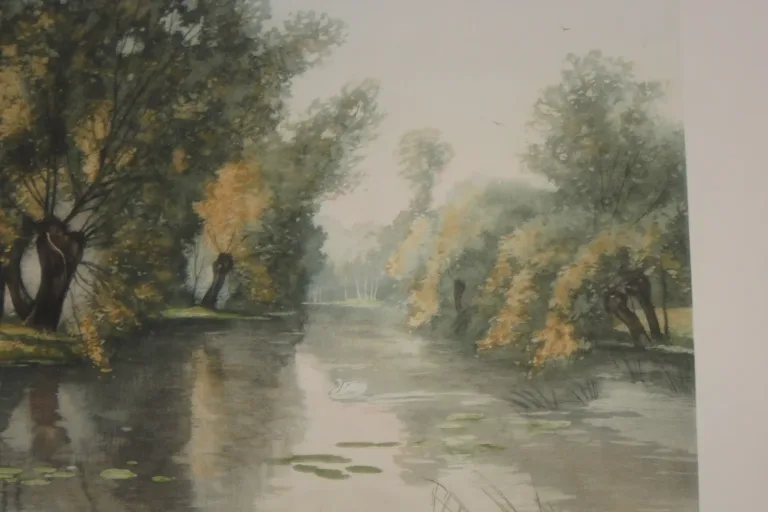 Cygnes Sur Une Rivière, Eau Forte époque 20ème.