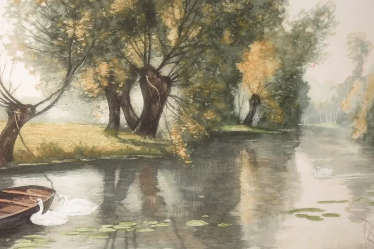 Cygnes Sur Une Rivière, Eau Forte époque 20ème.