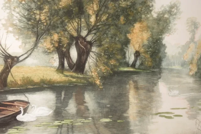 Cygnes Sur Une Rivière, Eau Forte époque 20ème.