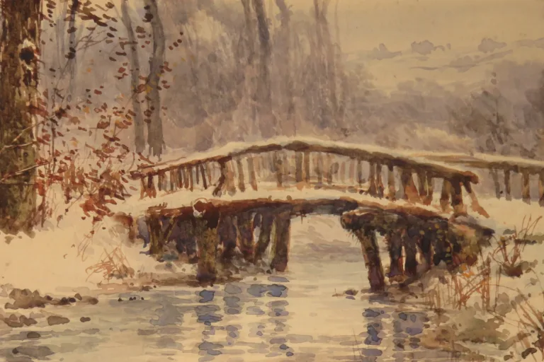 Paysage De Neige, Aquarelle époque 19ème.