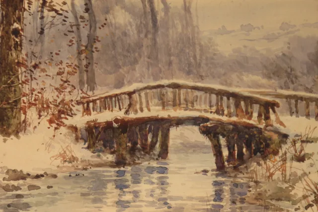 Paysage De Neige, Aquarelle époque 19ème.