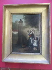Peinture, Deux Enfants Cueillant Des Cerises, époque 19ème