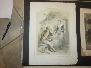 Lithographie: deux personnages devant une maison, époque 19 ème.
