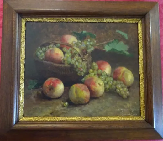 Tableau huile sur toile représentant unpanier de pêches et raisins fin XIXème
