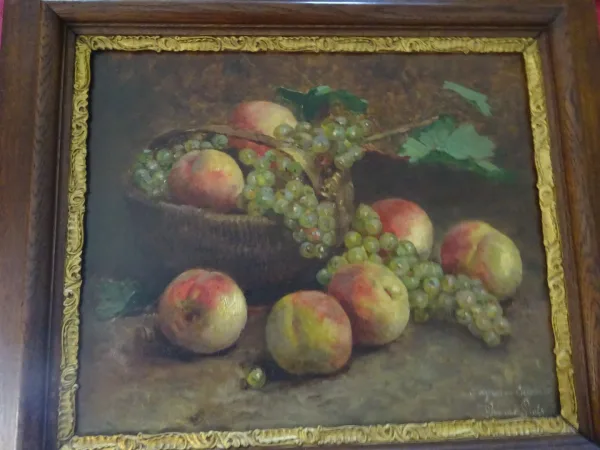 Tableau huile sur toile représentant unpanier de pêches et raisins fin XIXème