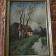 Tableau  fin XIXème représentant une chaumière au bord de l'eau