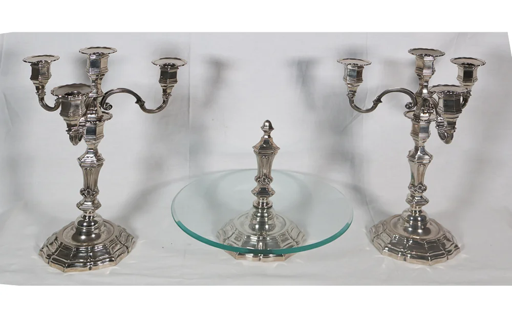 SILVER PLATE CANDELABRA AND CENTER PIECE