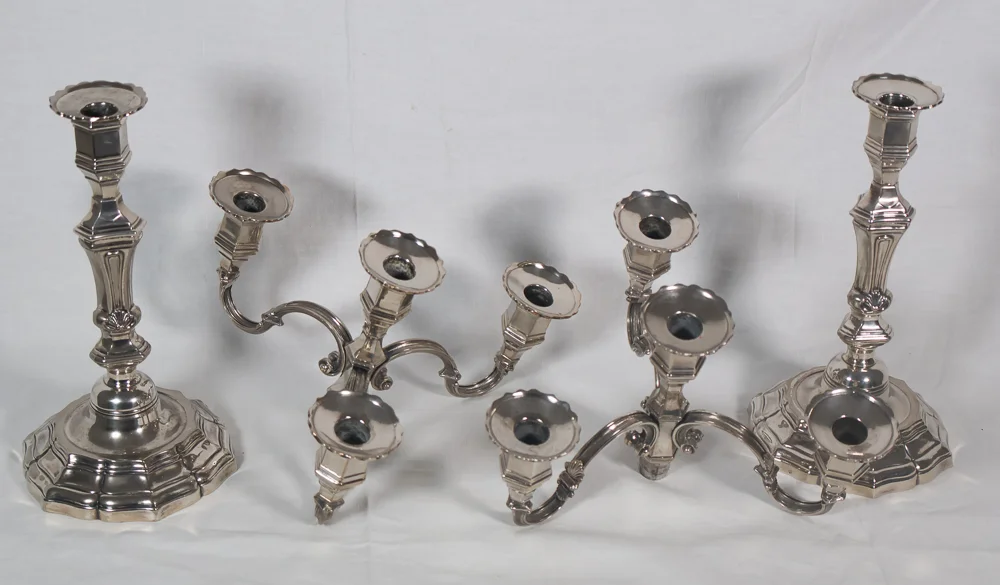 SILVER PLATE CANDELABRA AND CENTER PIECE