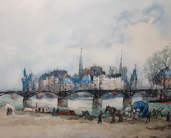 Aquarelle " Le pont des arts " Paris , signée Frank WILL 1929