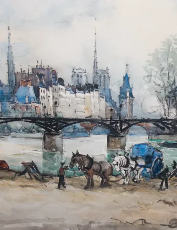 Aquarelle " Le pont des arts " Paris , signée Frank WILL 1929