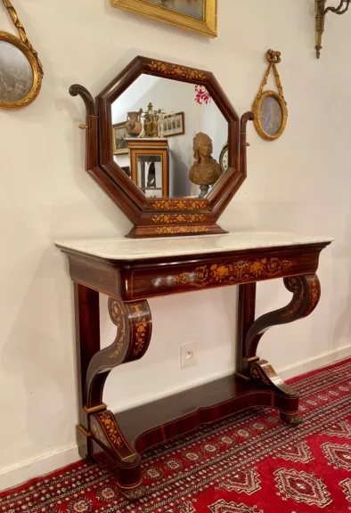 Console Formant Coiffeuse Marqueterie Epoque Charles X
