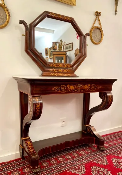 Console Formant Coiffeuse Marqueterie Epoque Charles X