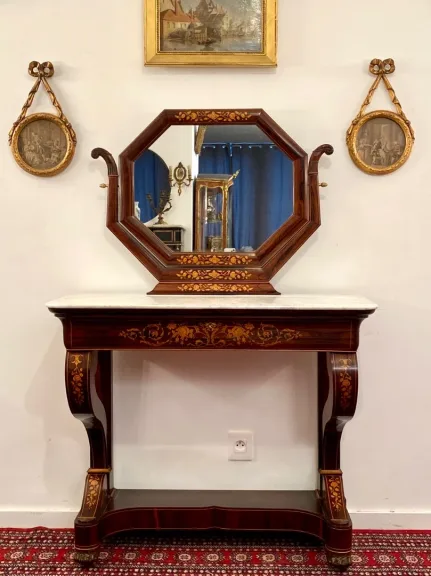 Console Formant Coiffeuse Marqueterie Epoque Charles X
