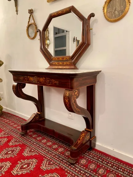 Console Formant Coiffeuse Marqueterie Epoque Charles X