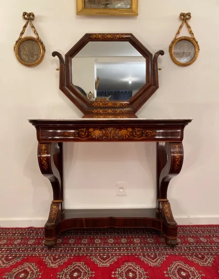 Console Formant Coiffeuse Marqueterie Epoque Charles X