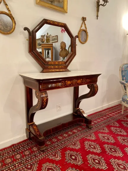 Console Formant Coiffeuse Marqueterie Epoque Charles X