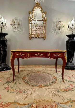 Maurice Rinck, Bureau Plat De Style Louis XV En Marqueterie Bronze Dore Vers 1900 Estampillé