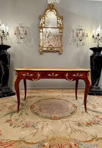 Maurice Rinck, Bureau Plat De Style Louis XV En Marqueterie Bronze Dore Vers 1900 Estampillé