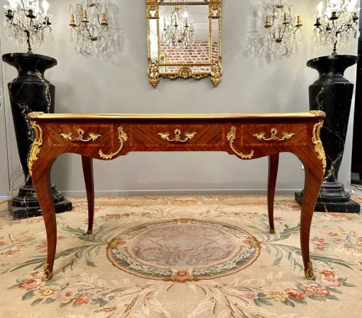 Maurice Rinck, Bureau Plat De Style Louis XV En Marqueterie Bronze Dore Vers 1900 Estampillé