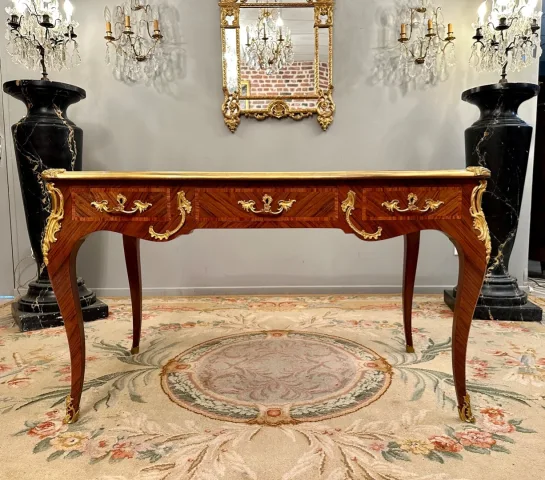Maurice Rinck, Bureau Plat De Style Louis XV En Marqueterie Bronze Dore Vers 1900 Estampillé