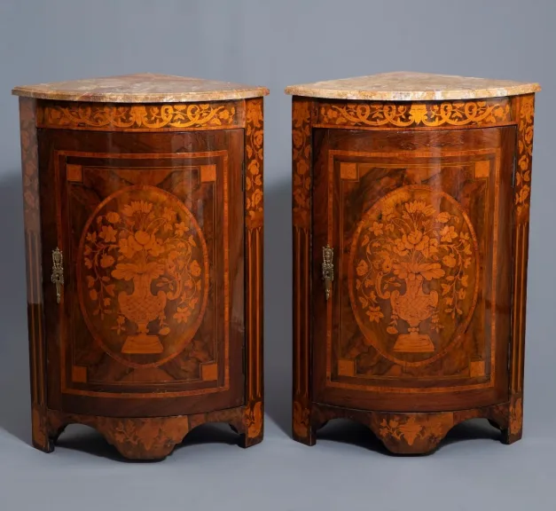 Pair Of "demi-lune" Corner In Neoclassical Style Marquetry.