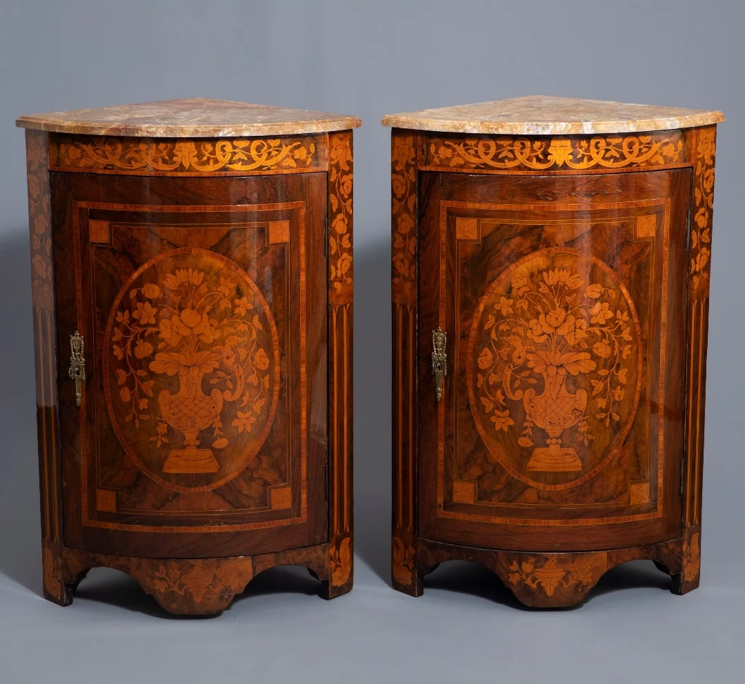 Pair Of "demi-lune" Corner In Neoclassical Style Marquetry.